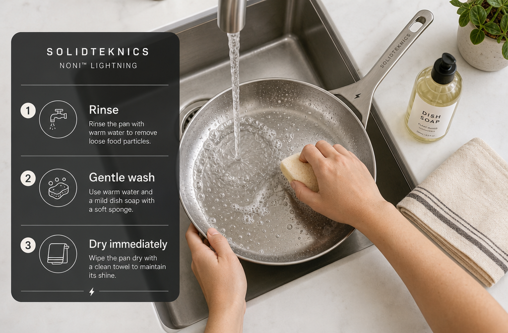 Solidteknics Noni Landscape format (1536x1024) maintenance and care infographic scene: Solidteknics Noni Lightning stainless steel pan being hand-washed with a soft sponge under running water, a small bottle of dish soap nearby, a dry linen towel folded beside it, and a subtle step-by-step numbered guide overlay (1. Rinse 2. Gentle wash 3. Dry immediately) in clean sans-serif white text on a semi-transparent dark panel. Bright, airy kitchen background, top-down perspective, clean and minimal aesthetic.