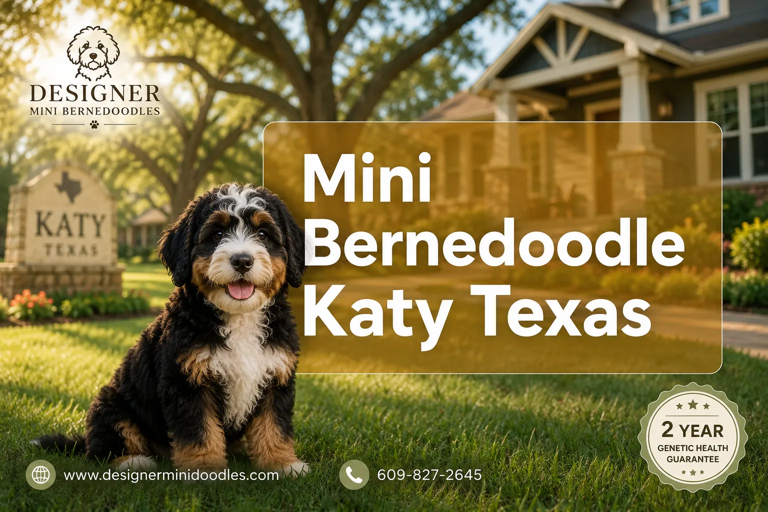Professional () editorial hero photograph with 'Mini Bernedoodle Katy Texas' in crisp white on a warm semi-transparent