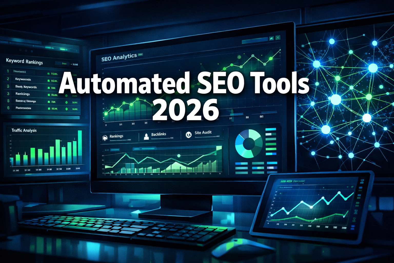 Digital illustration, graphic design style, Professional landscape format (1536x1024) hero image with bold text overlay: 'Automated SEO Tools 2026' in extra large 72pt white bold sans-serif font with dark drop shadow, centered upper-third composition. Background shows a sleek dark-mode digital dashboard with glowing green and blue SEO analytics graphs, keyword ranking charts, and AI neural network nodes interconnected across multiple screens. Color palette: deep navy, electric green, white. Magazine cover aesthetic, editorial quality, high contrast, futuristic tech workspace. 