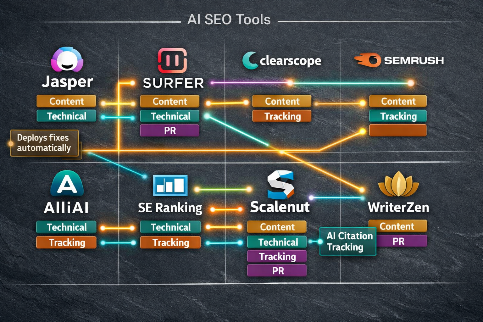 Digital illustration, graphic design style, Landscape format (1536x1024) top-down flat-lay style comparison table visualization showing eight AI SEO tool logos arranged in a grid on a dark slate background, each with colored capability badges: 'Content', 'Technical', 'Tracking', 'PR'. Glowing connector lines link overlapping capabilities between tools. Small annotation callouts highlight standout features like 'Deploys fixes automatically' and 'AI citation tracking'. Color palette: charcoal, gold, teal. Clean infographic aesthetic, editorial quality. 