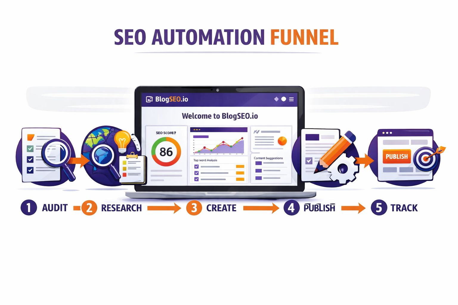 Digital illustration, graphic design style, Landscape format (1536x1024) step-by-step visual workflow diagram showing a numbered five-step SEO automation funnel: (1) Audit, (2) Research, (3) Create, (4) Publish, (5) Track — each step represented by a distinct icon in a horizontal pipeline with animated arrow connectors on a white background. Central focus shows a laptop screen with a BlogSEO.io dashboard interface. Accent colors: deep purple, bright orange, white. Modern SaaS product screenshot aesthetic, editorial quality. 