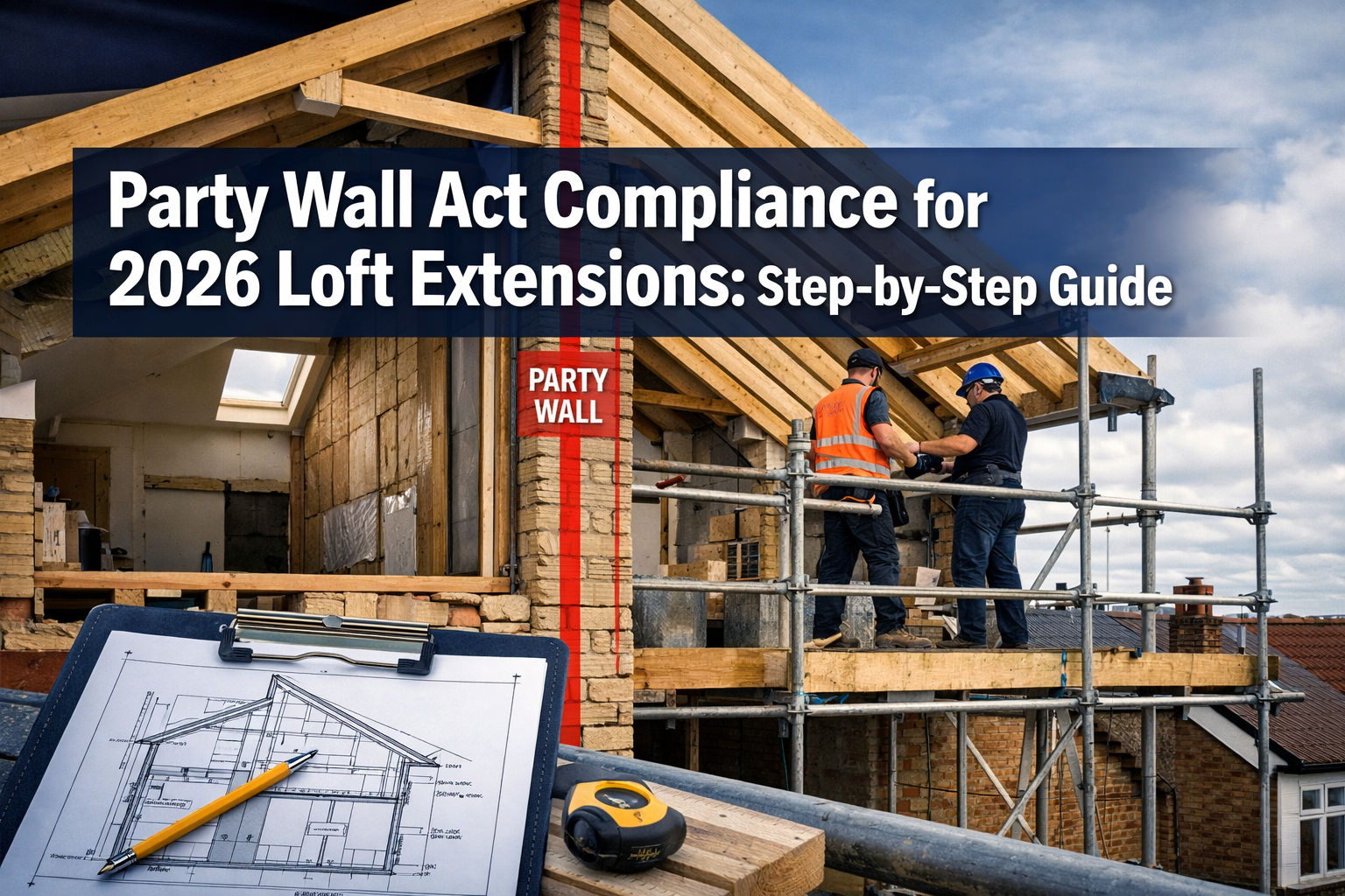 Professional () hero image featuring 'Party Wall Act Compliance for 2026 Loft Extensions: Step-by-Step Guide' in extra large