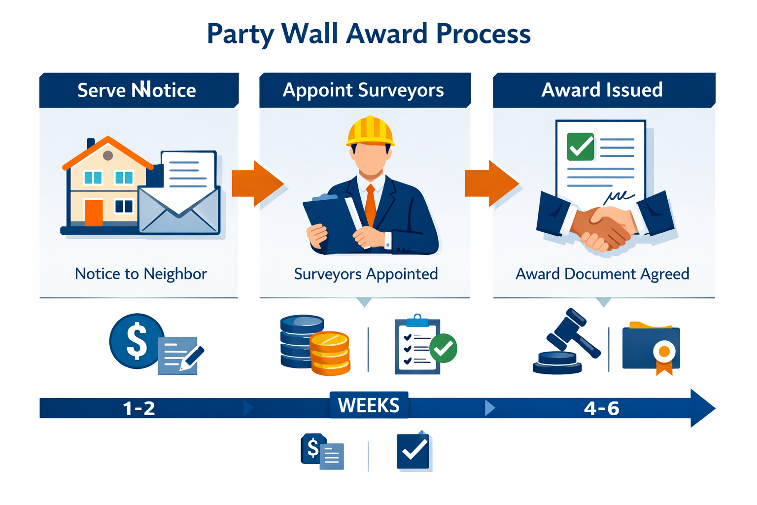 Professional () infographic-style illustration displaying three-column visual flowchart of Party Wall Award process from
