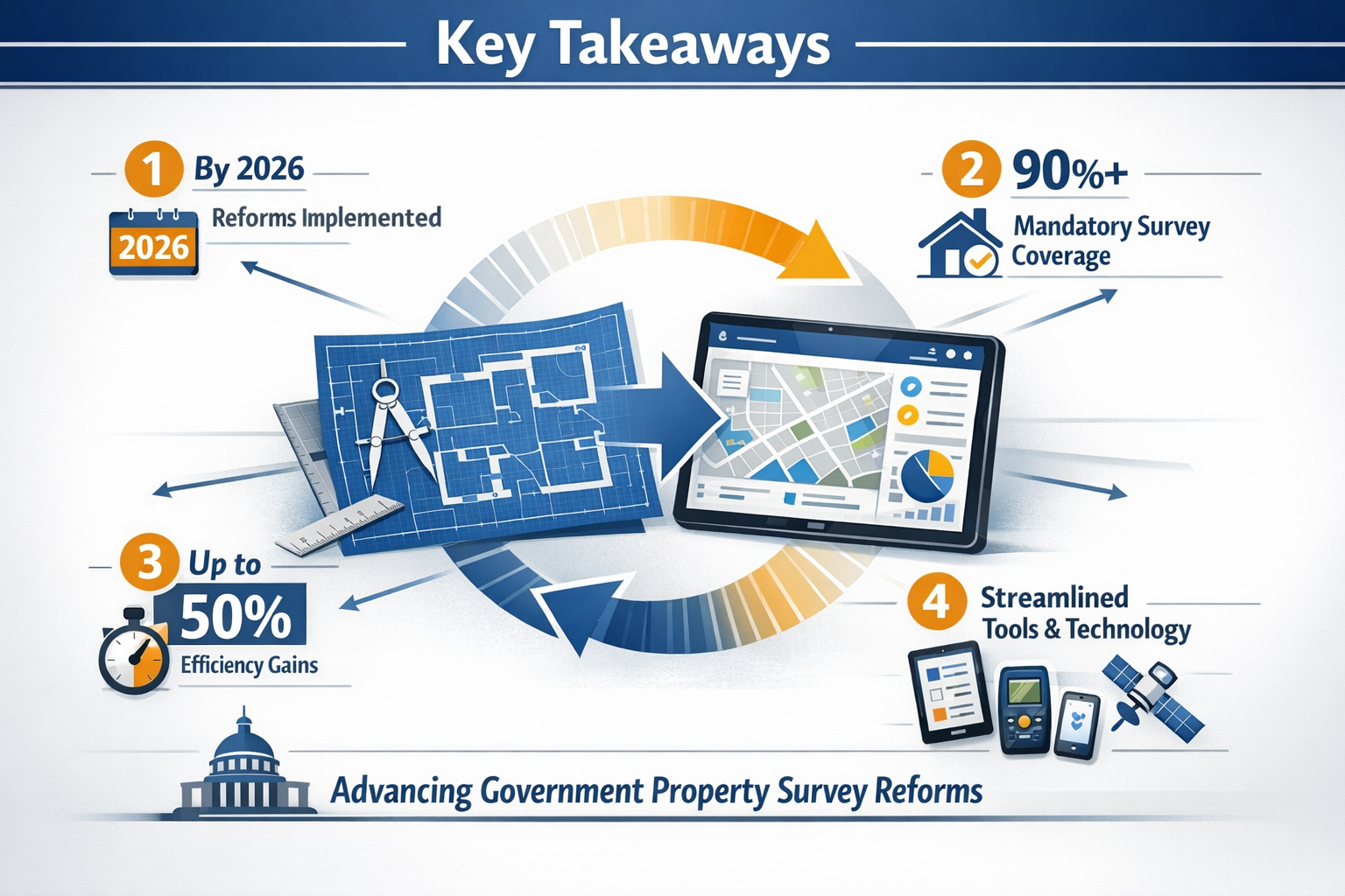 Infographic-style visual for 'Key Takeaways' section depicting government property survey reforms. Central graphic shows a stylized blueprin