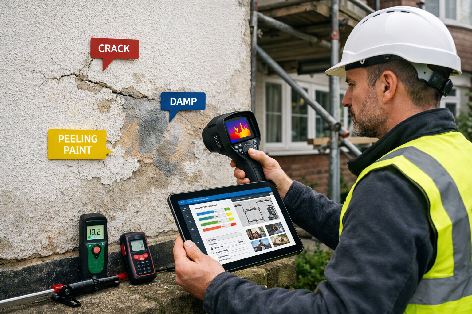 Landscape format (1536x1024) professional photograph of chartered surveyor conducting comprehensive property condition assessment, wearing h