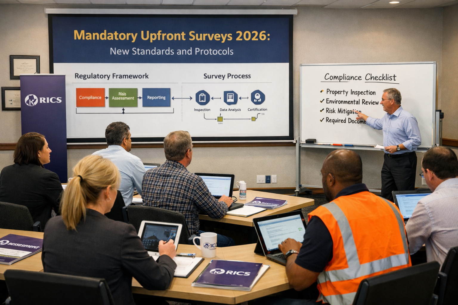 Landscape format (1536x1024) modern training classroom scene showing professional surveyors attending continuing professional development (C