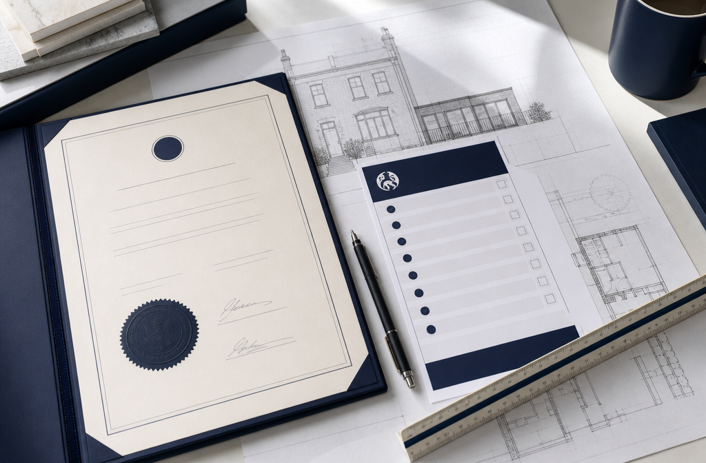 () editorial image showing a close-up overhead view of a professional surveyor's desk with a detailed party wall award
