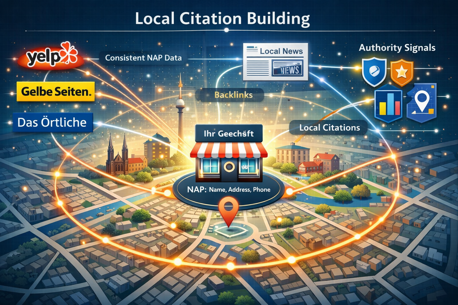 Landscape format (1536x1024) conceptual illustration of local citation building showing interconnected network of German business directorie - Local SEO erstellen lassen 4 Landscape format (1536x1024) conceptual illustration of local citation building showing interconnected network of German business directorie