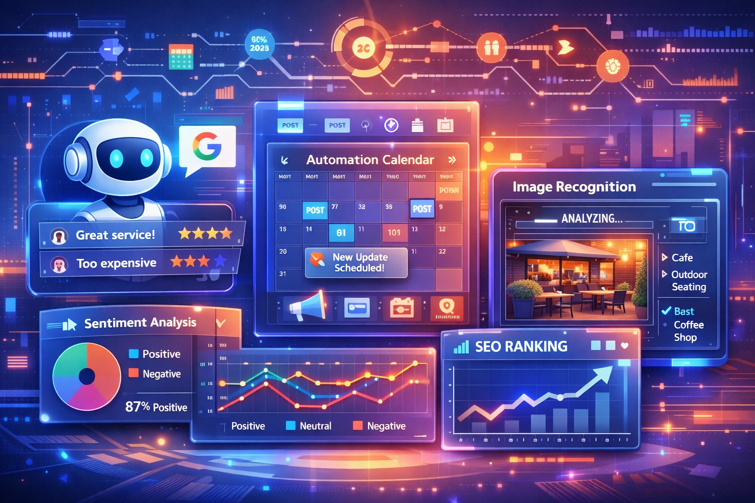 Landscape format (1536x1024) futuristic illustration showing AI-powered Local SEO tools analyzing business data: AI assistant icon reviewing - Local SEO erstellen lassen 6 Landscape format (1536x1024) futuristic illustration showing AI-powered Local SEO tools analyzing business data: AI assistant icon reviewing