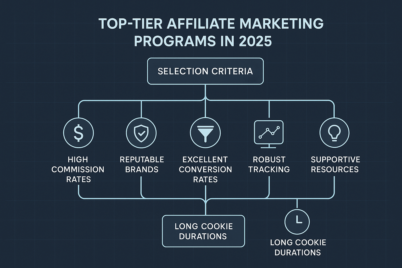 A compelling visual representation of the selection criteria for top-tier affiliate marketing programs in 2025, depicted as a decision-tree 