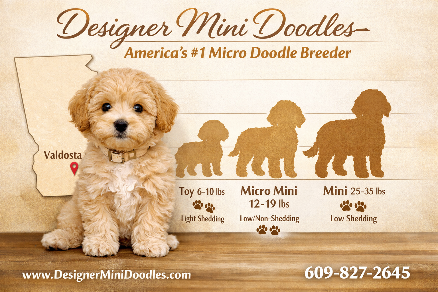 () editorial image showing a tiny fluffy micro mini goldendoodle puppy (approximately 12-16 lbs) sitting beside a size