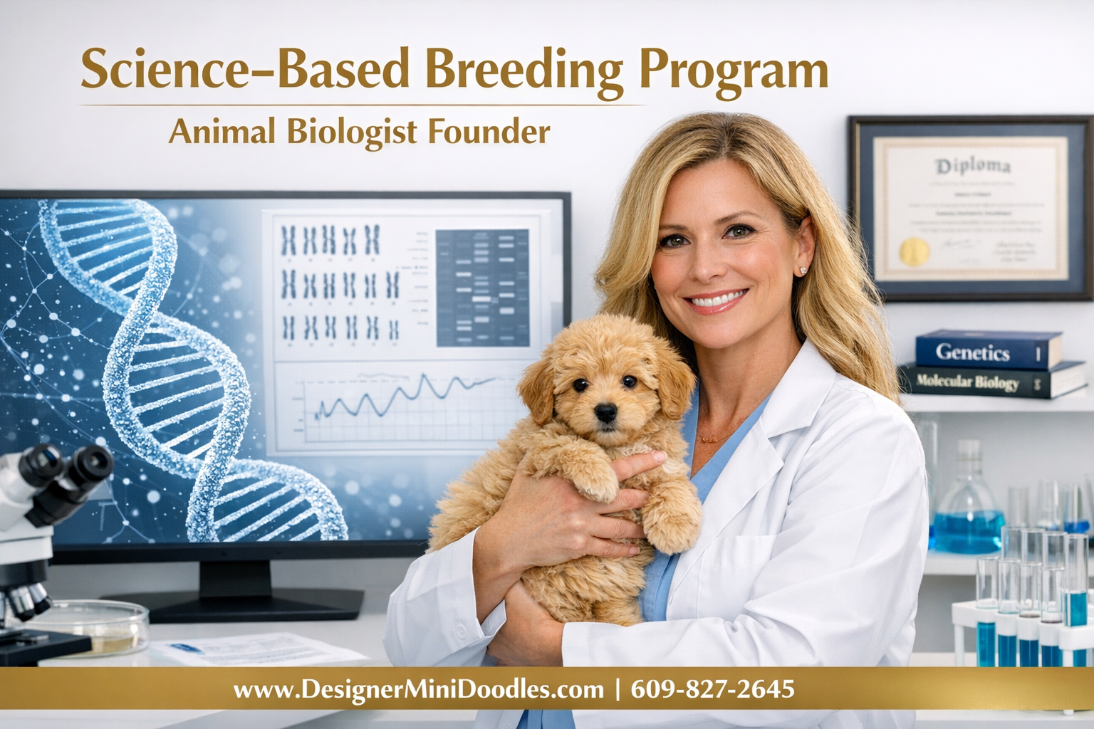 () showing a professional animal biology laboratory setting with DNA helix graphics, genetics charts, and a confident female