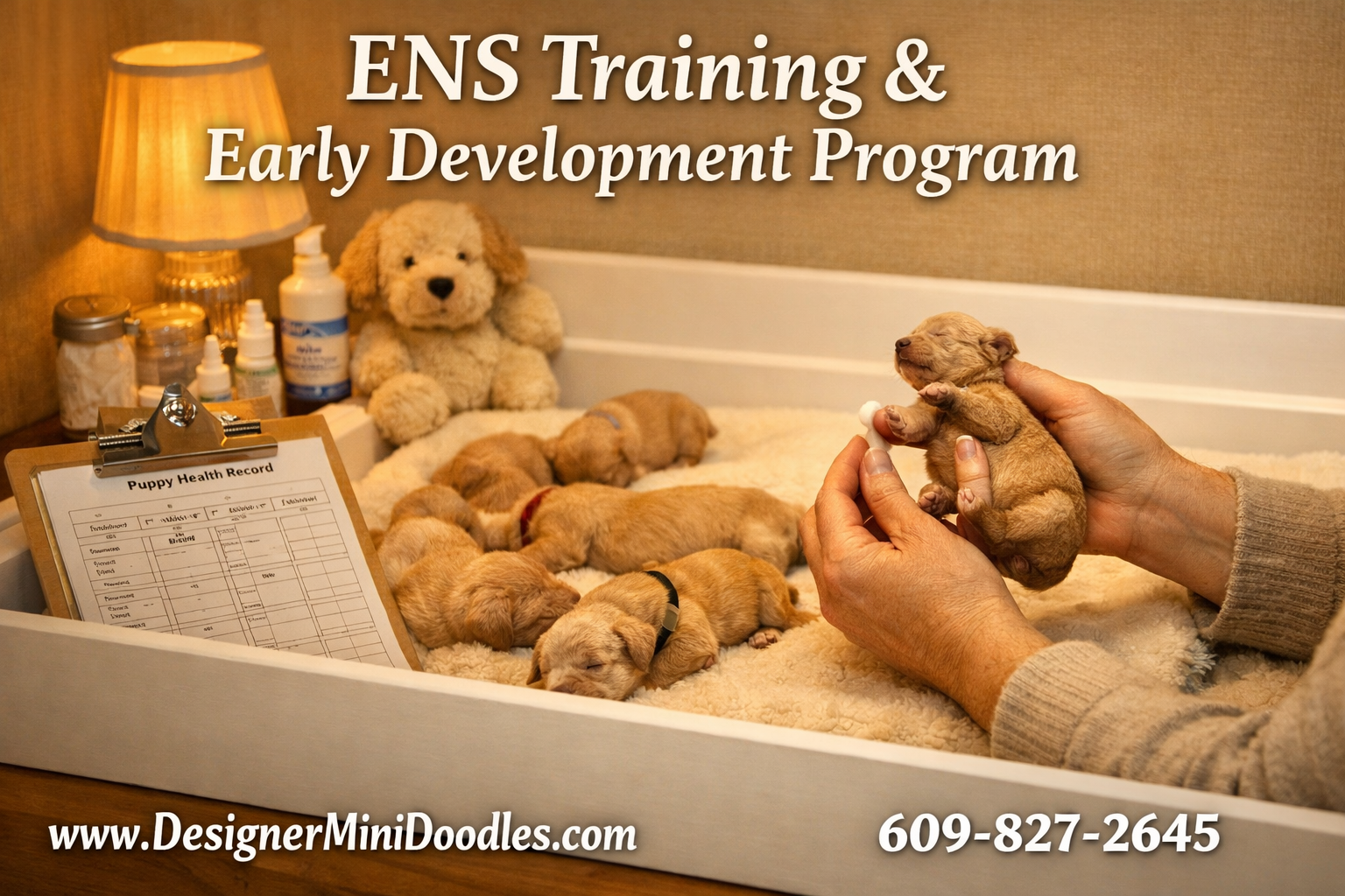 () depicting a warm whelping nursery scene with newborn micro mini goldendoodle puppies in a clean, cream and gold tones. :