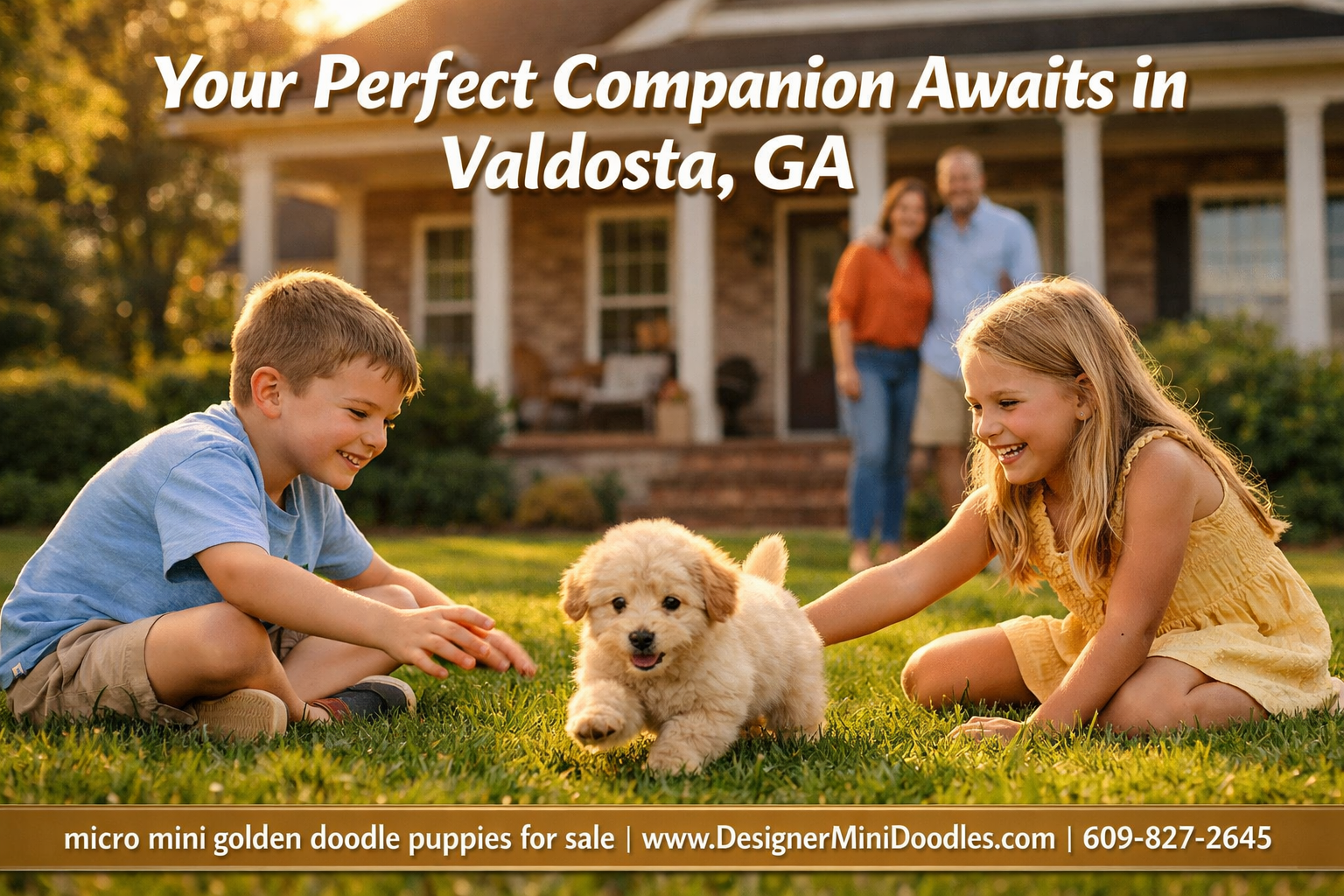 () showing a happy family in a Valdosta Georgia suburban backyard with a tiny fluffy cream-colored micro mini goldendoodle