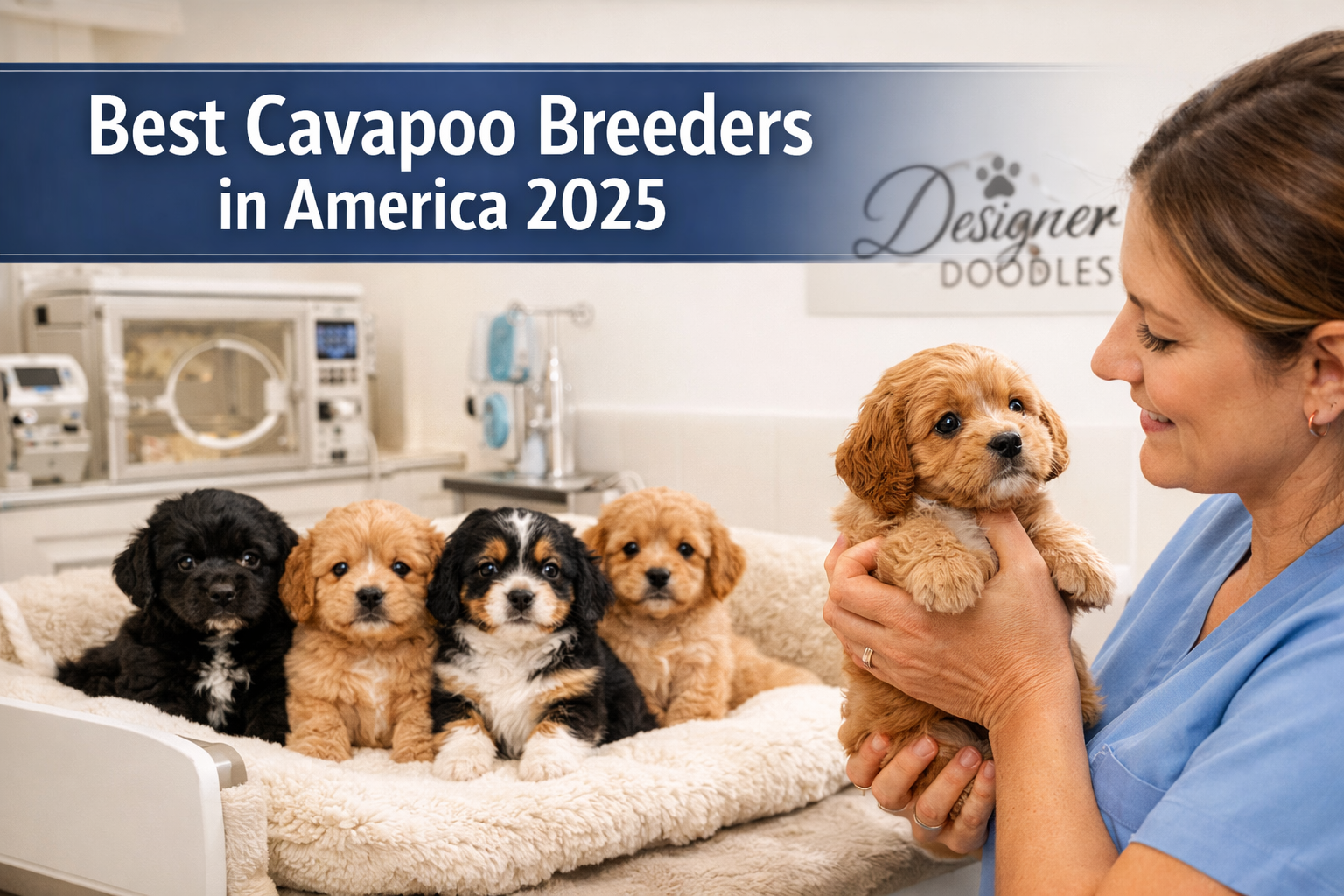 Professional landscape hero image (1536x1024) featuring bold text overlay 'Best Cavapoo Breeders in America 2025' in extra large 72pt white 