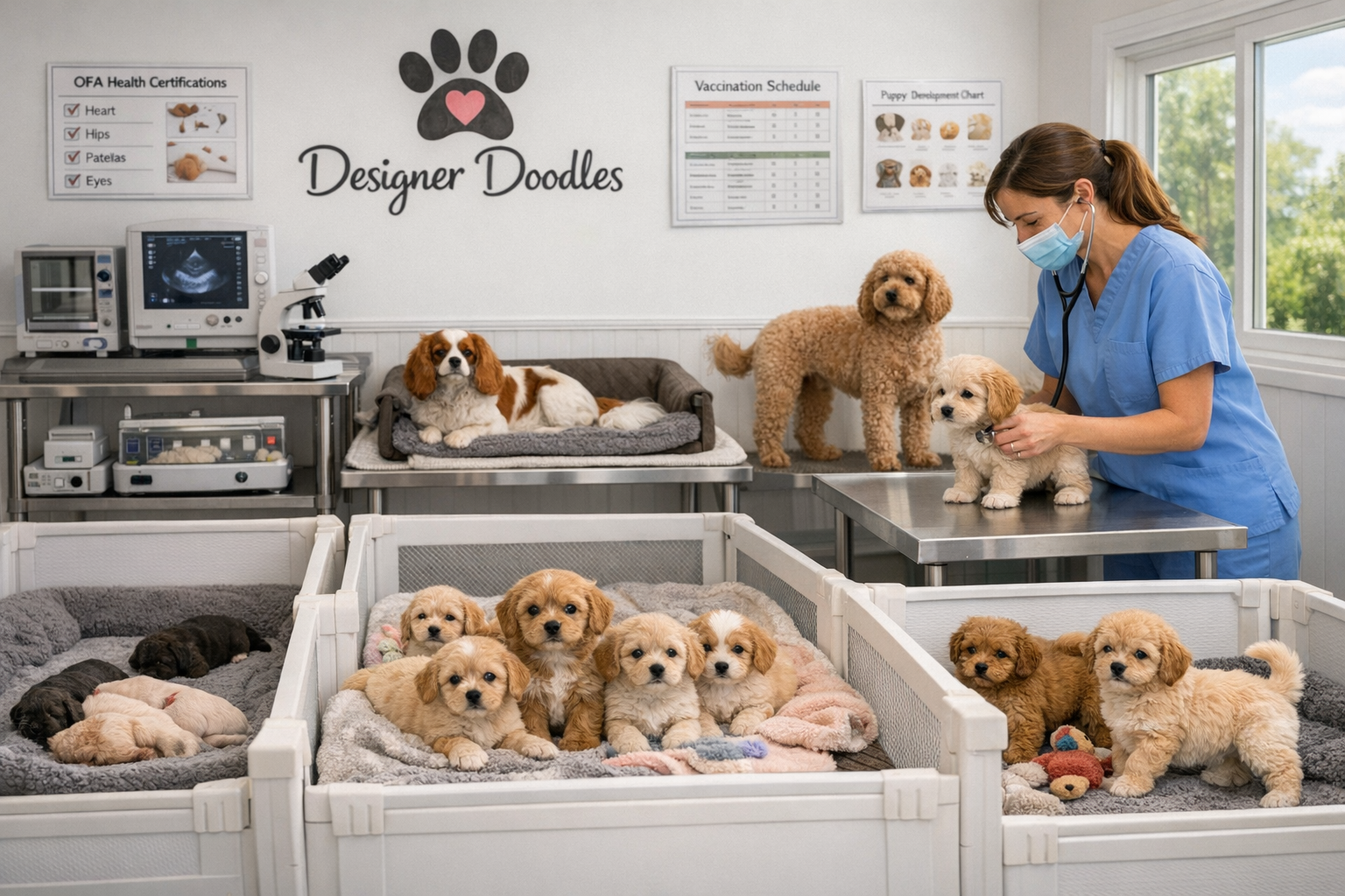 Detailed landscape image (1536x1024) showing professional Cavapoo breeding facility whelping room with pristine white walls displaying Desig