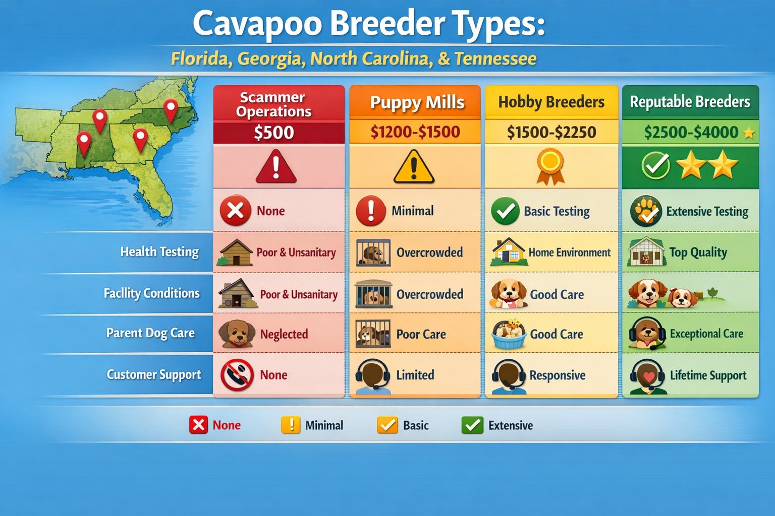 Informative landscape infographic image (1536x1024) displaying comparison chart of Cavapoo breeder types across Florida, Georgia, North Caro