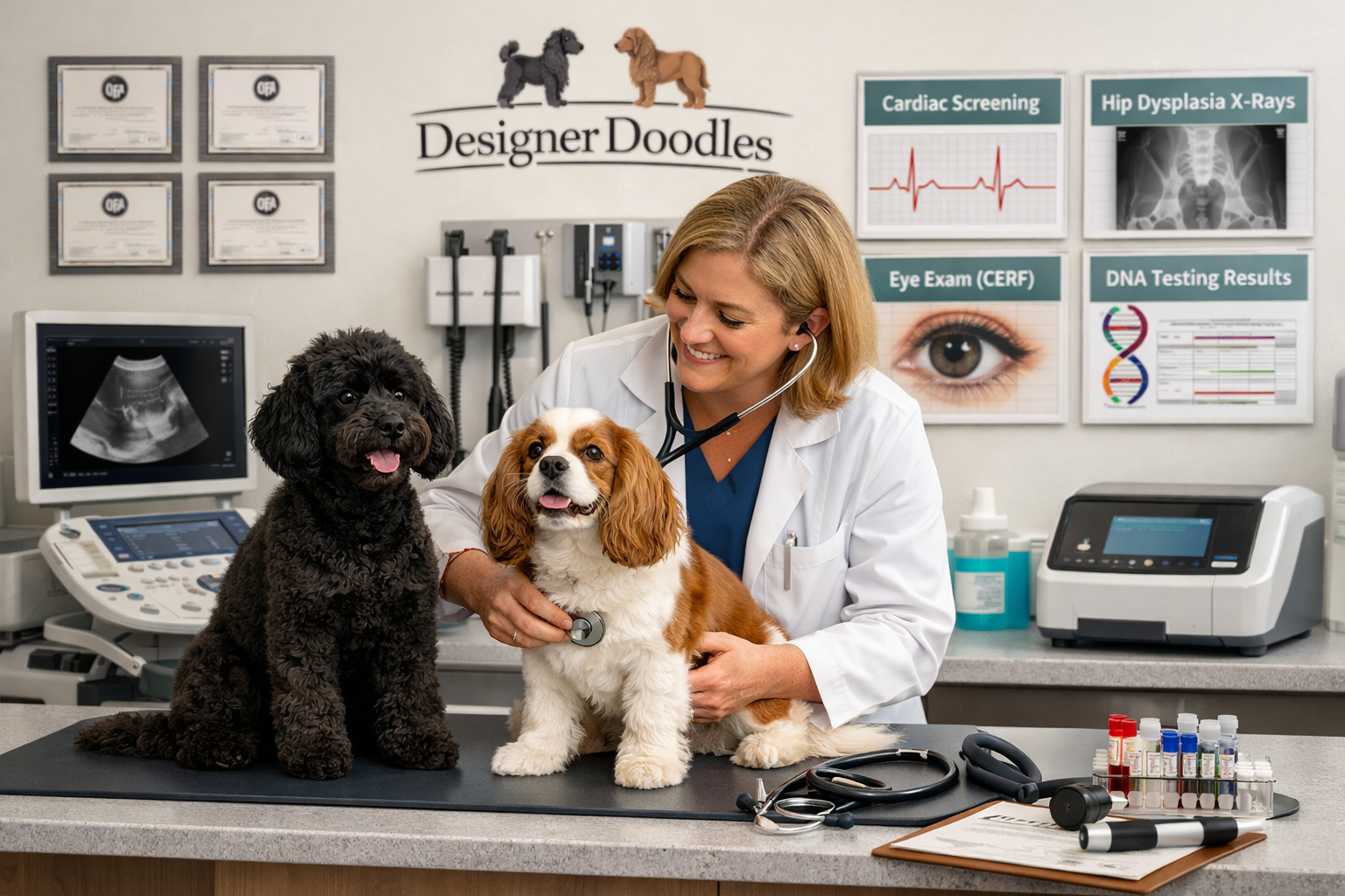 Professional landscape image (1536x1024) depicting comprehensive health screening process for Cavapoo breeding program. Scene shows veterina