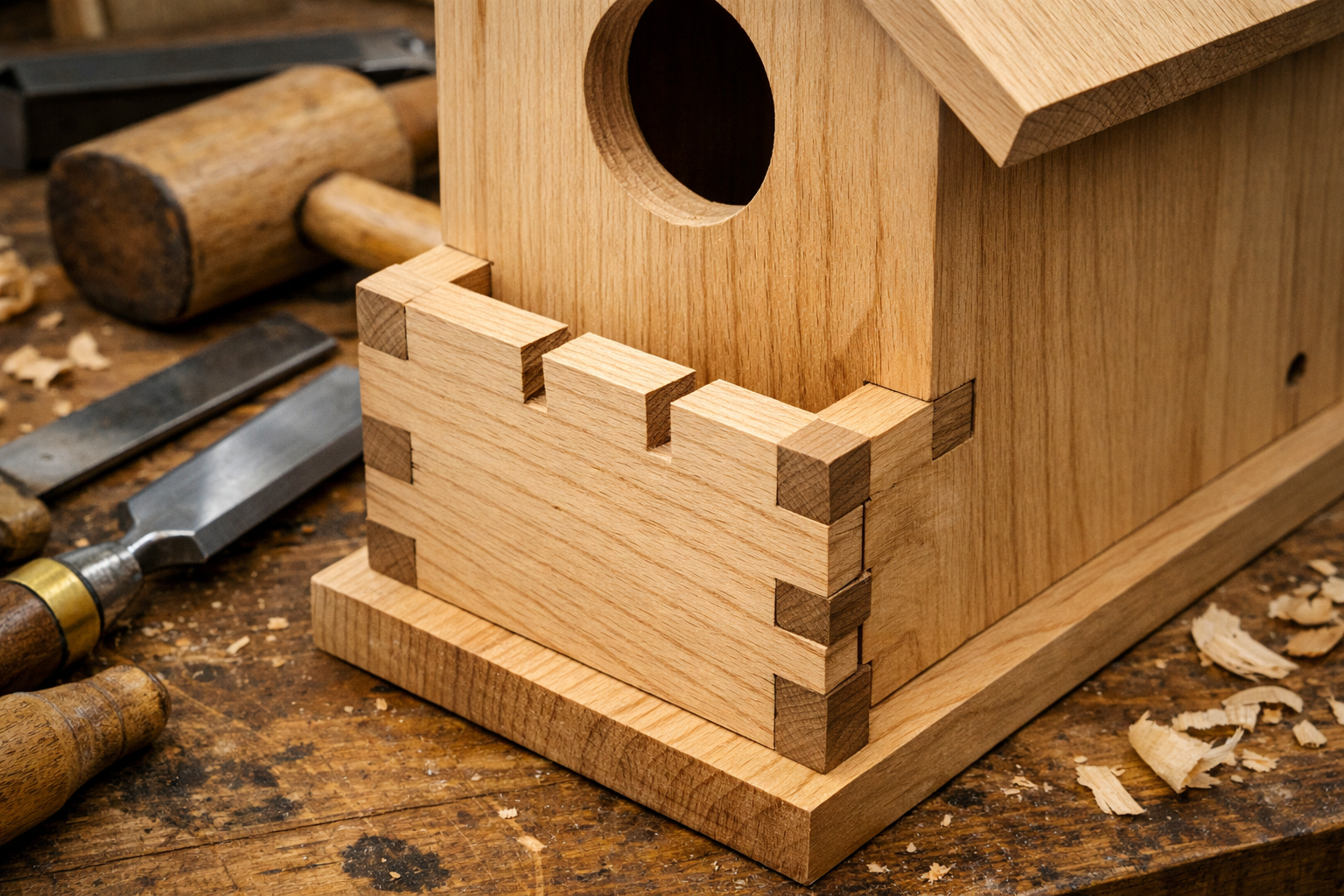 A close-up, editorial-style photograph of a partially assembled wooden birdhouse showcasing a perfectly executed dovetail joint, with hand t
