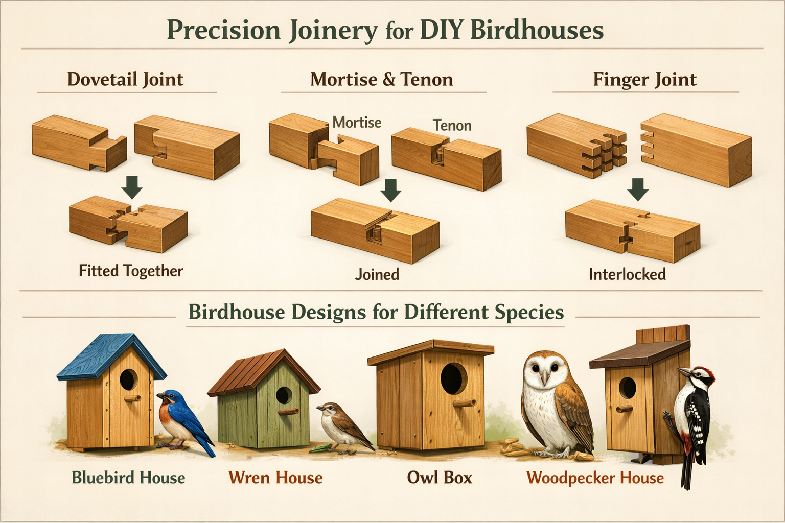 An infographic-style illustration depicting various precision joinery techniques suitable for DIY wooden birdhouses, including labeled diagr