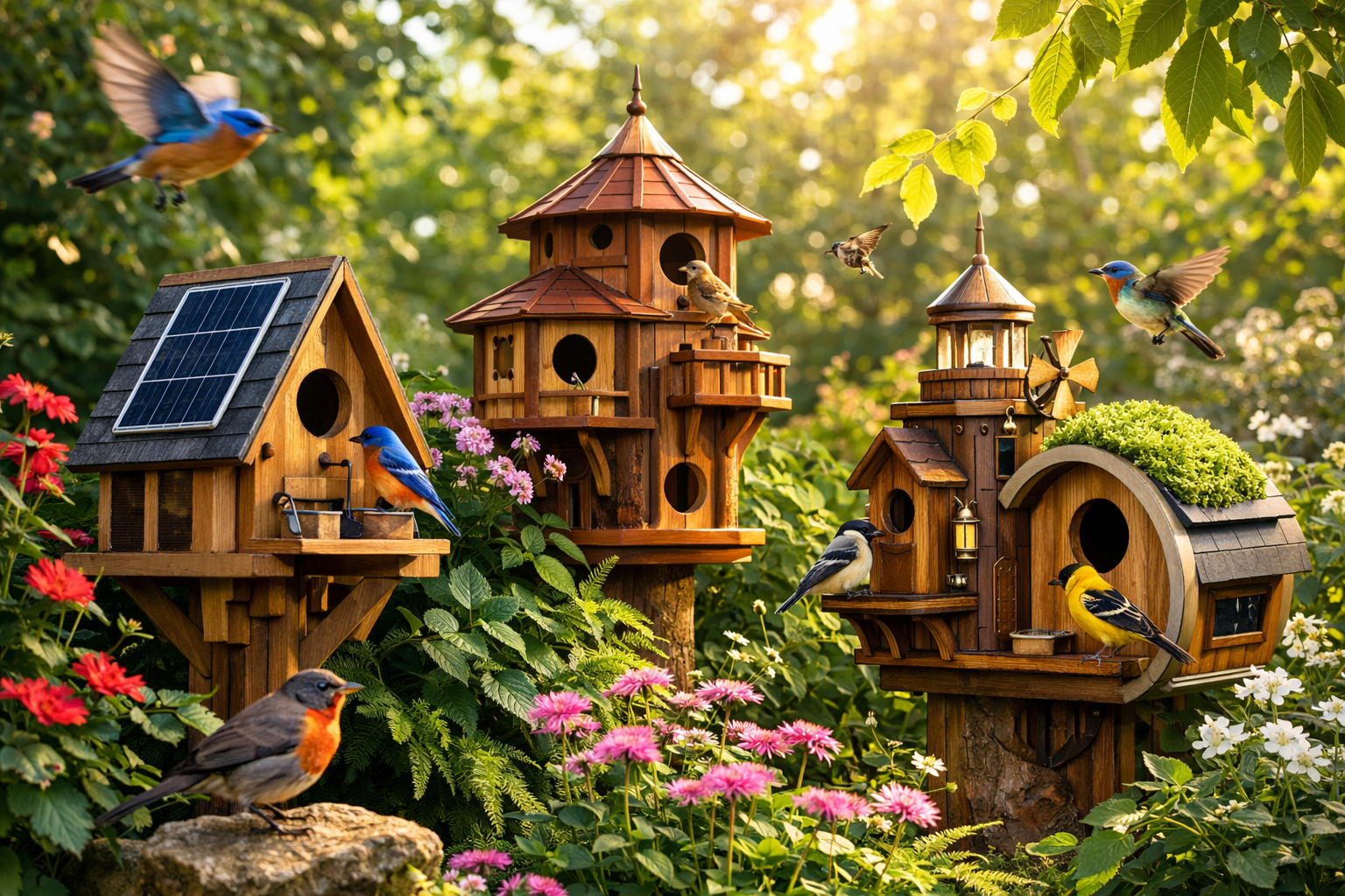 A vibrant garden scene featuring several unique, advanced DIY wooden birdhouses strategically placed among foliage, each demonstrating disti