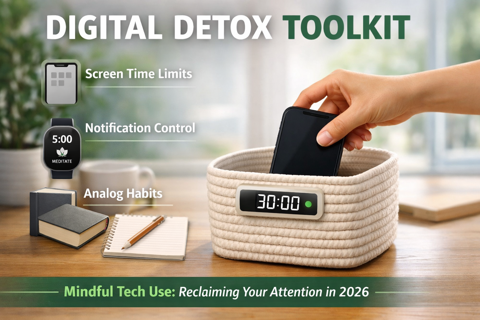 Mindful Tech Use: Reclaiming Your Attention in 2026 2 Detailed landscape format (1536x1024) image featuring a 'Digital Detox Toolkit' graphic. The graphic shows icons for a minimalist phone inte