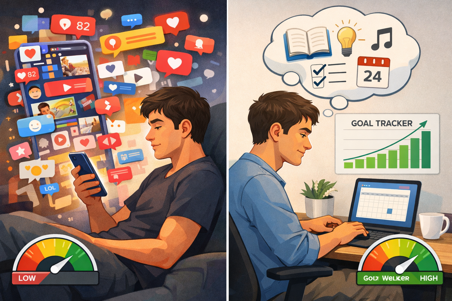 Mindful Tech Use: Reclaiming Your Attention in 2026 3 Detailed landscape format (1536x1024) image illustrating the concept of 'Cultivating Intentional Digital Habits'. A split screen shows two s
