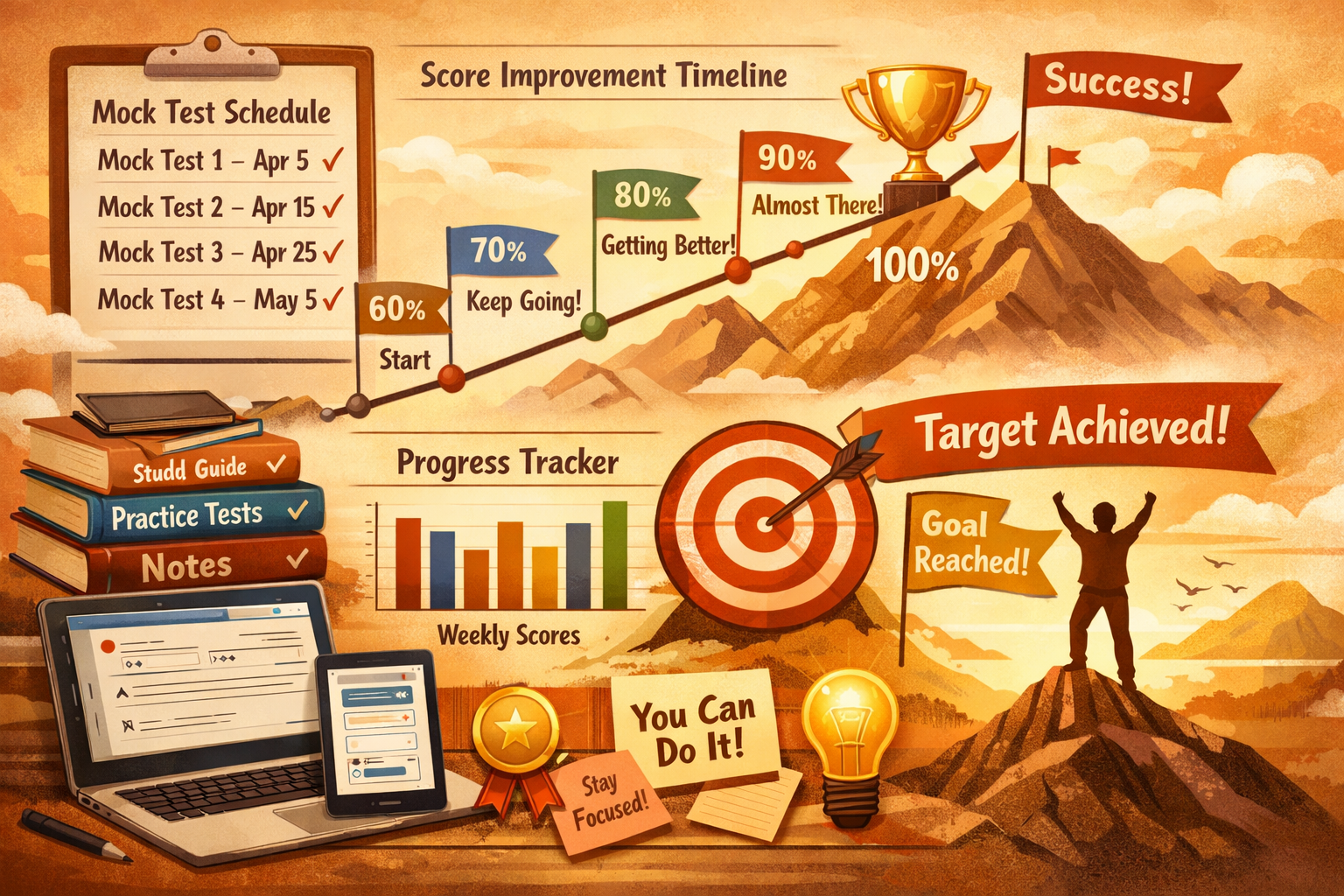 Strategic landscape format (1536x1024) study plan visualization showing mock test schedule, score improvement timeline, target achievement m