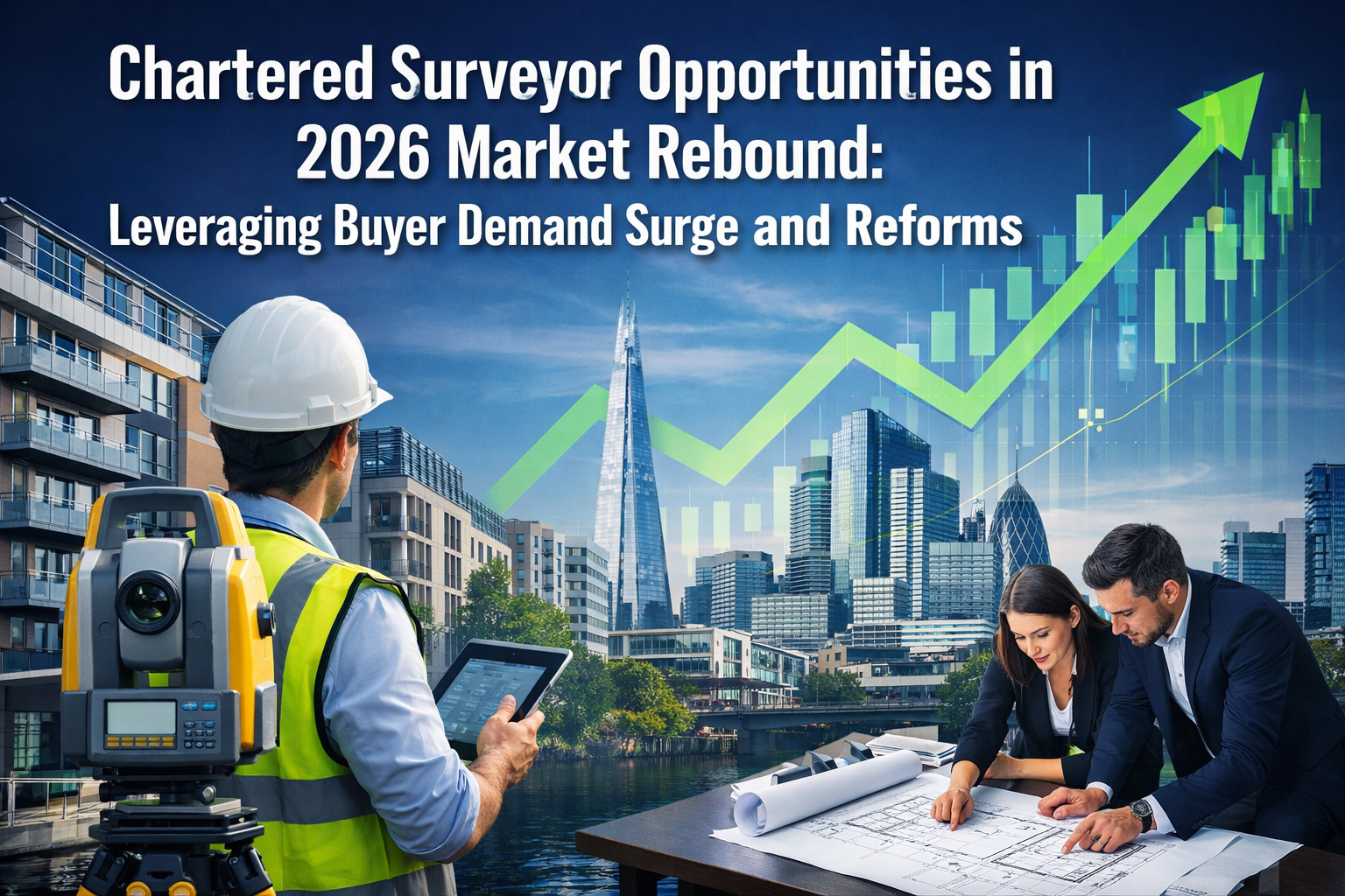 Professional landscape format (1536x1024) hero image featuring bold text overlay 'Chartered Surveyor Opportunities in 2026 Market Rebound: L