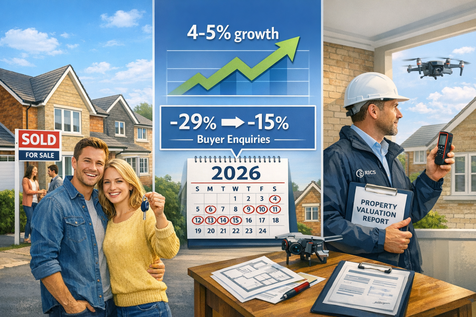 Landscape format (1536x1024) detailed image showing UK residential property market recovery visualization with split-screen composition: lef
