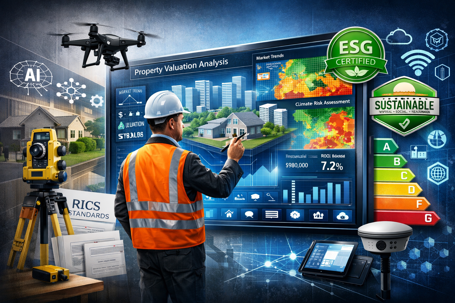 Landscape format (1536x1024) comprehensive image depicting regulatory reform and technology integration in surveying profession. Central foc
