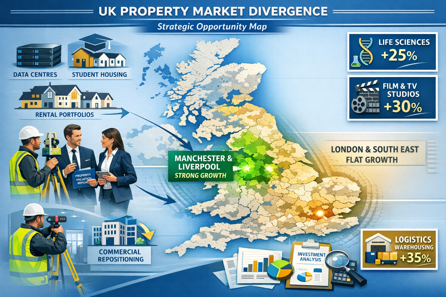 Landscape format (1536x1024) strategic opportunity map showing regional UK property market divergence and specialized surveying niches. Main