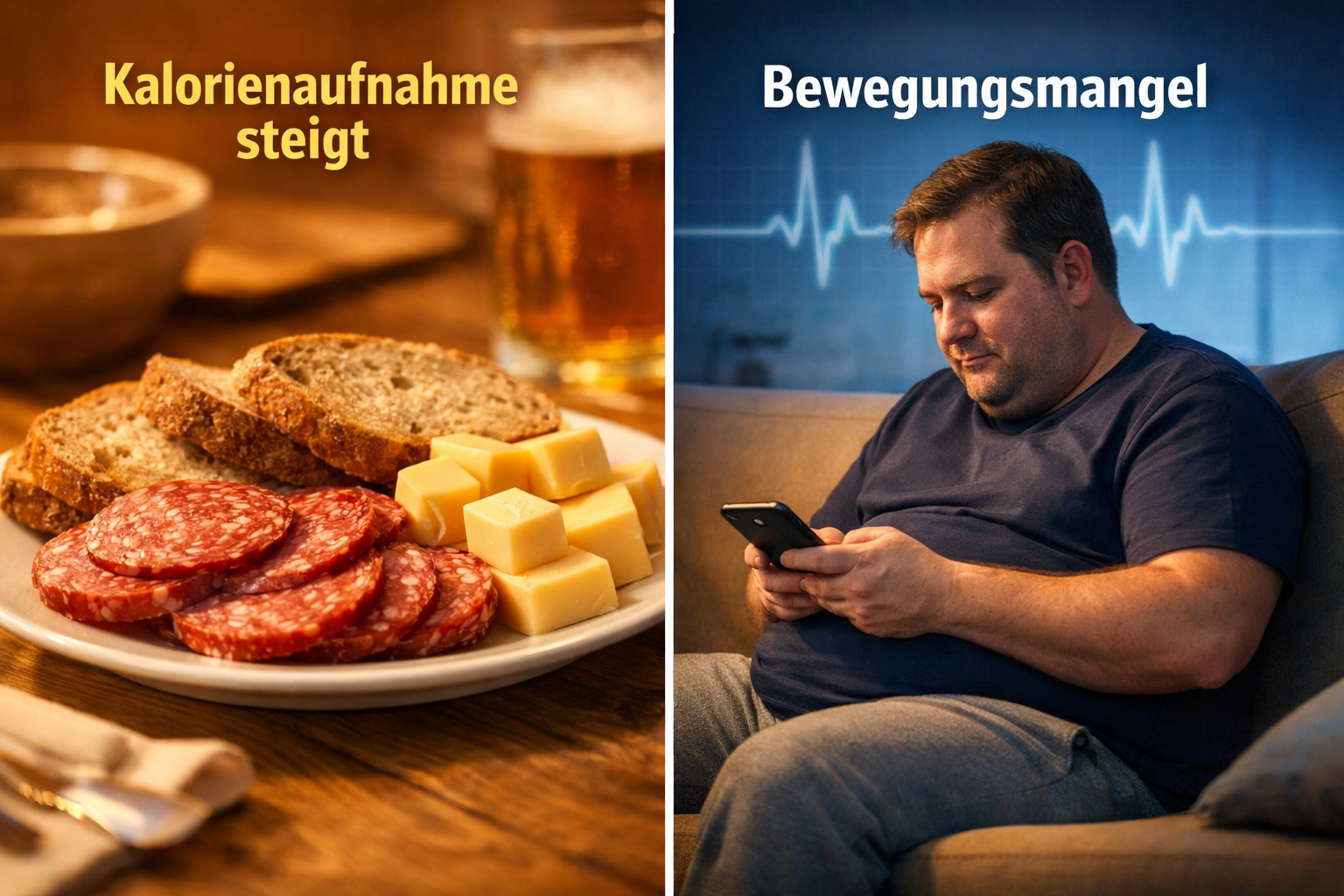 () split-scene image: left side shows a plate with high-calorie foods (Brot, Käse, Wurst) and right side shows a person
