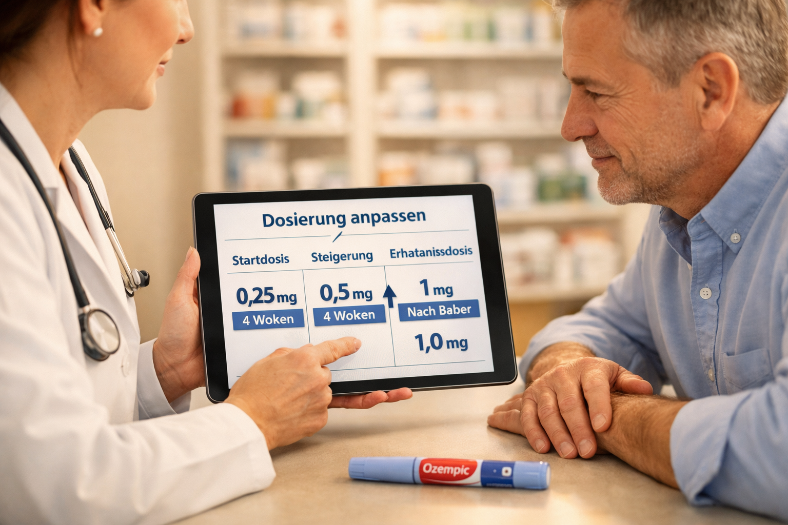 () close-up of a doctor and patient consultation scene, doctor holding a tablet showing a dosage chart with German text