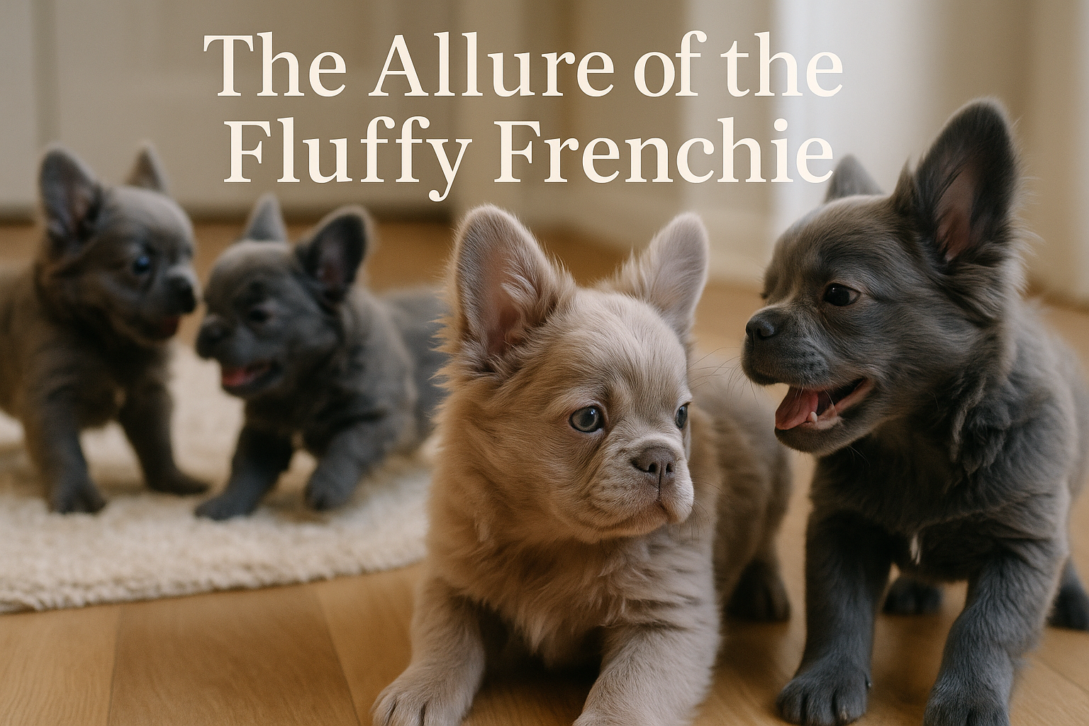 A charming, editorial-quality landscape image (1536x1024) showcasing several healthy, well-groomed fluffy French Bulldog puppies with distin