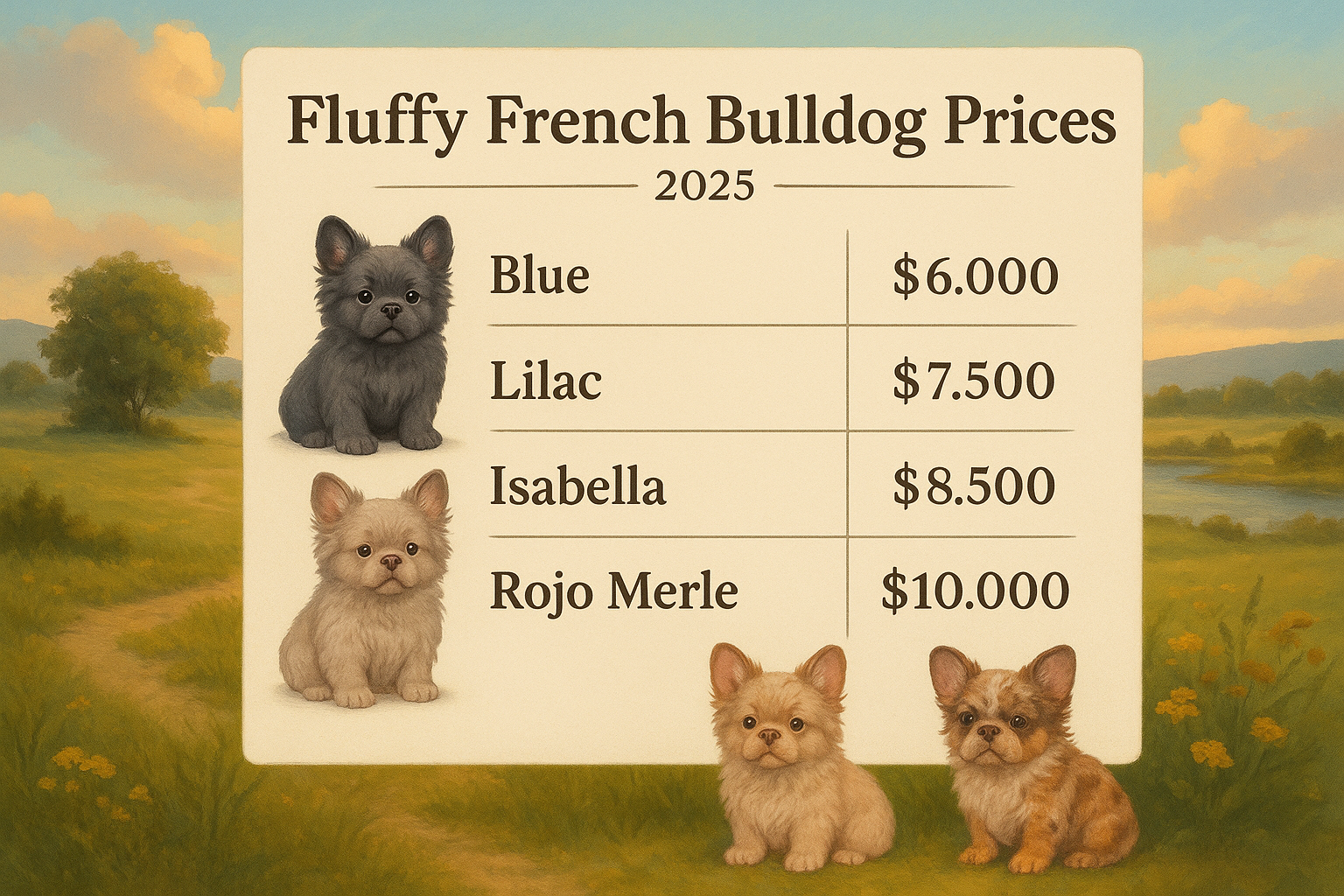 A beautifully composed landscape image (1536x1024) featuring a sophisticated chart detailing the pricing structure of fluffy French Bulldog 