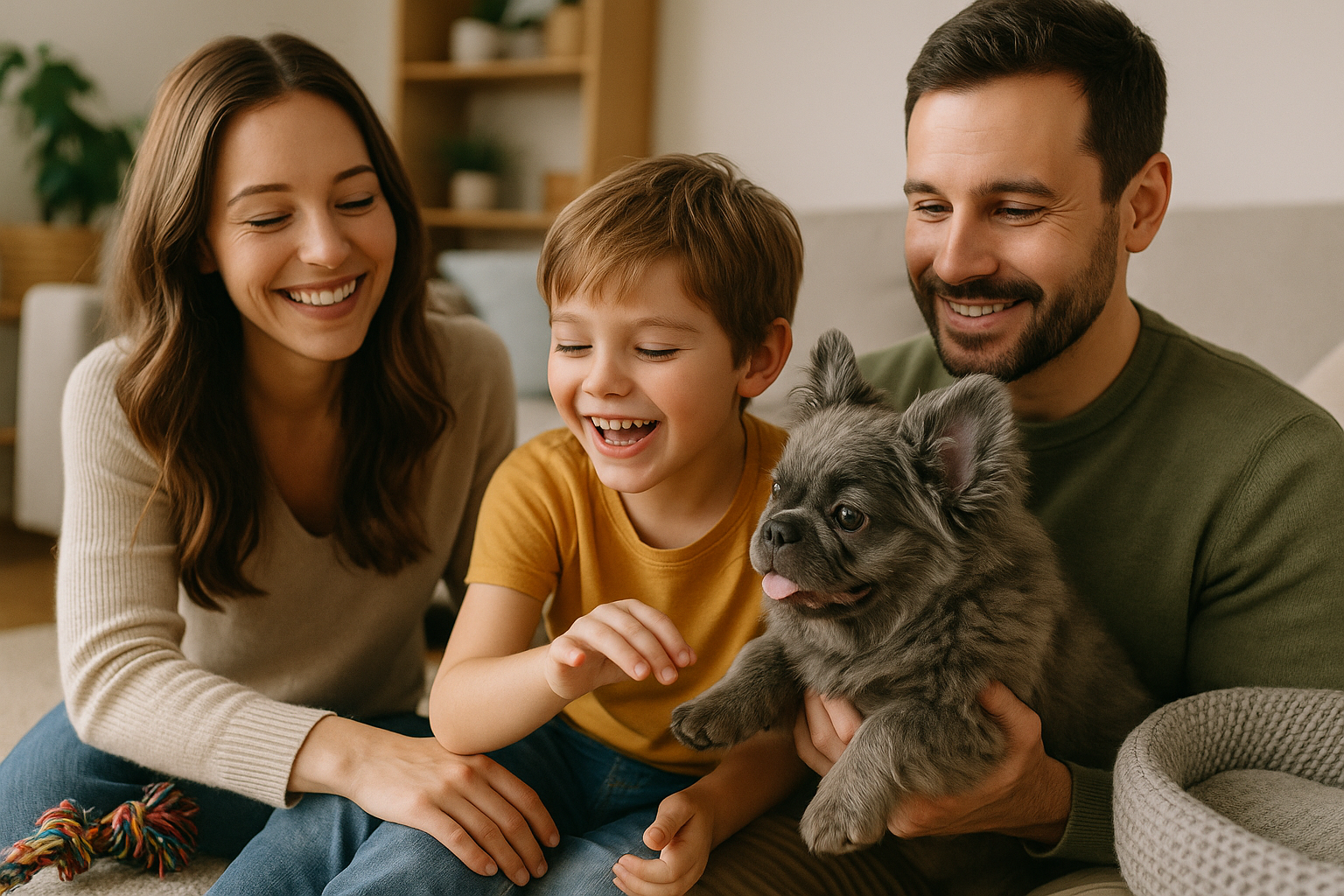 A heartwarming landscape image (1536x1024) depicting a family happily interacting with a healthy, vibrant fluffy French Bulldog puppy. The p