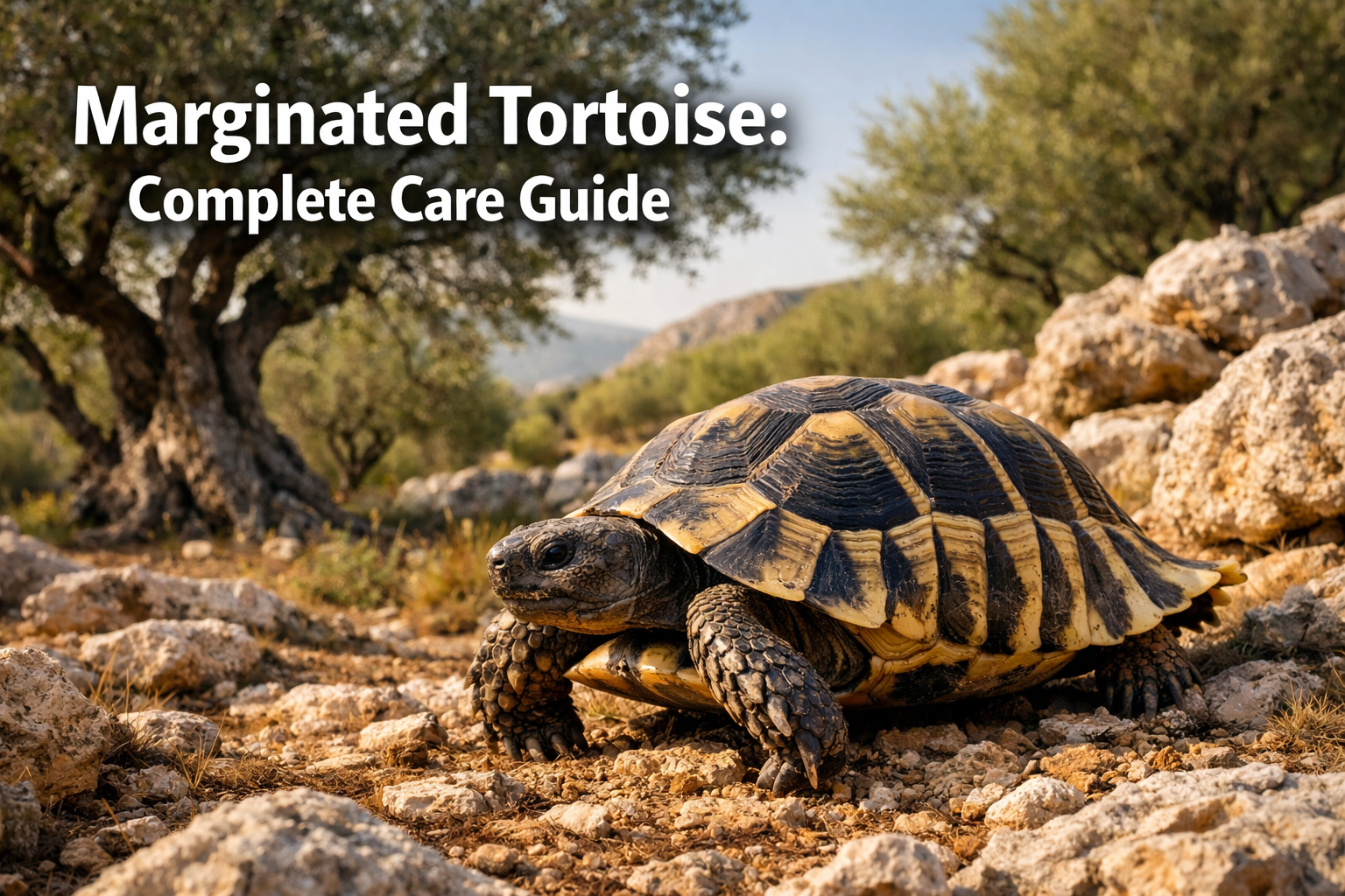 Professional landscape hero image (1536x1024) featuring bold text overlay 'Marginated Tortoise: Complete Care Guide' in 70pt white sans-seri