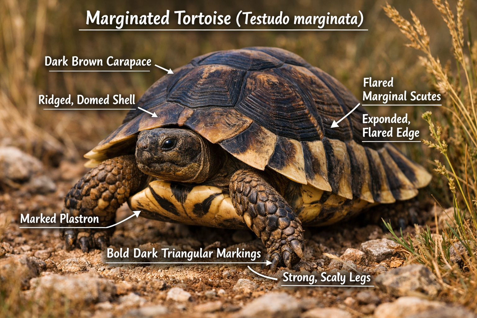 Detailed close-up photograph of marginated tortoise showing distinctive shell characteristics - dark brown carapace with light marginal scut