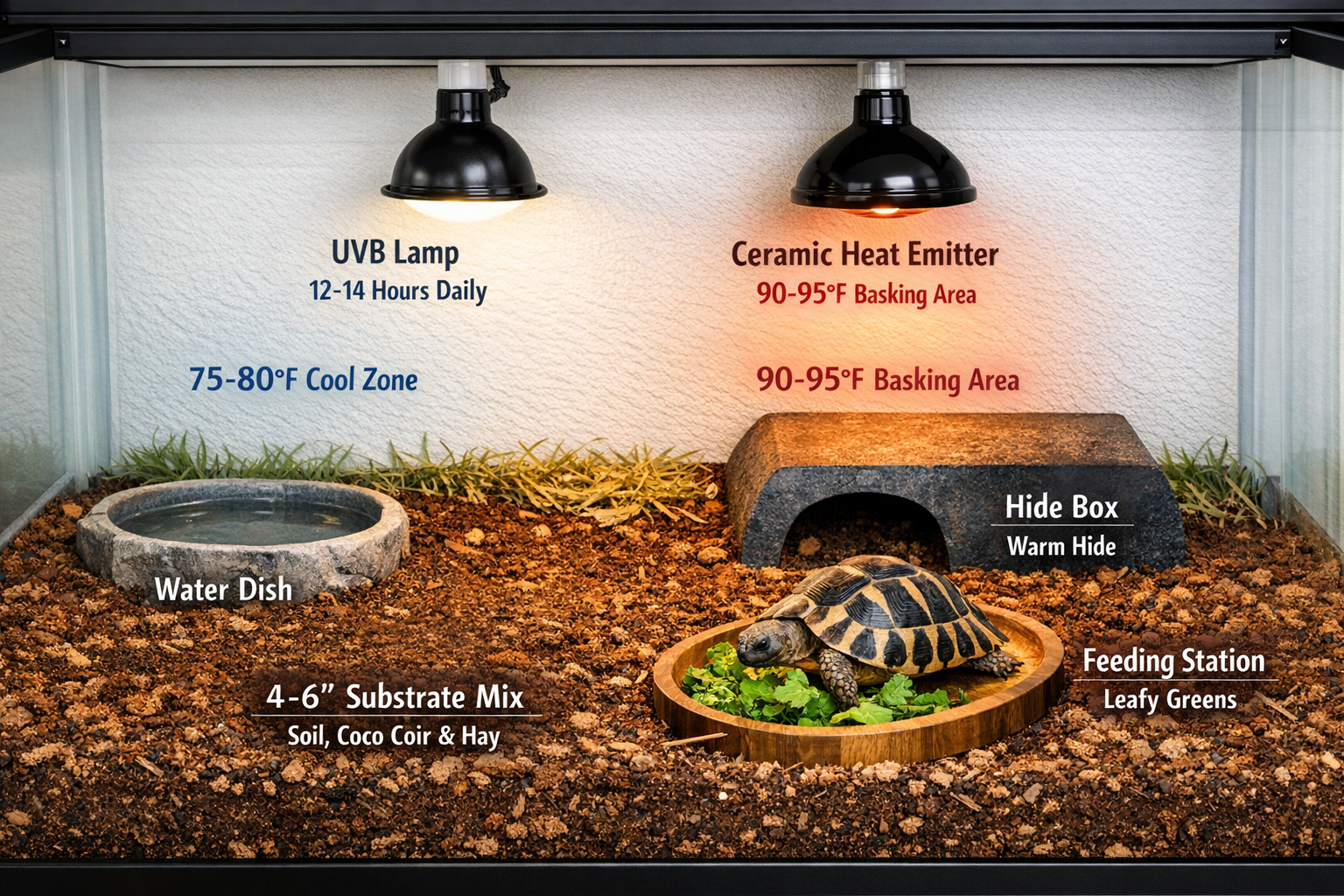Indoor tortoise habitat setup showing proper marginated tortoise enclosure with UVB lighting fixture, ceramic heat emitter, water dish, hide