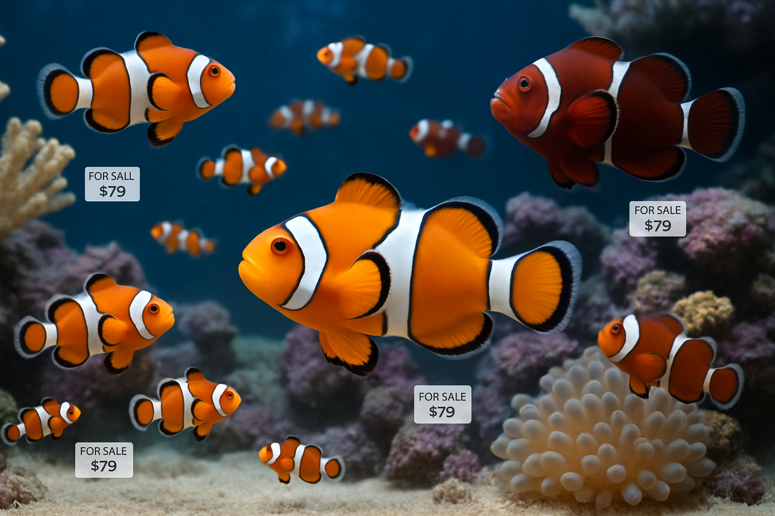 Detailed underwater scene showing various clownfish species (Ocellaris, Percula, Maroon) in different life stages from juvenile to adult, sw