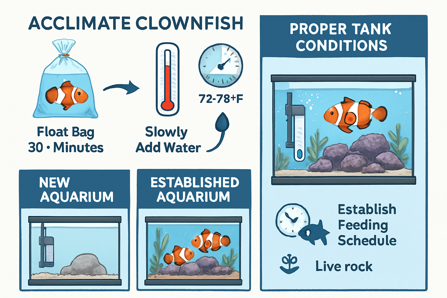 Professional aquarium setup guide illustration showing step-by-step clownfish acclimation process, proper tank conditions with temperature g