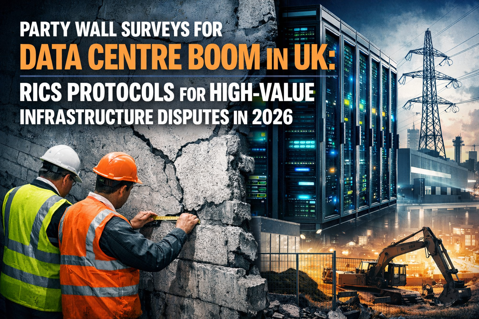 Professional landscape hero image () with : "Party Wall Surveys for Data Centre Boom in UK: RICS Protocols for High-Value