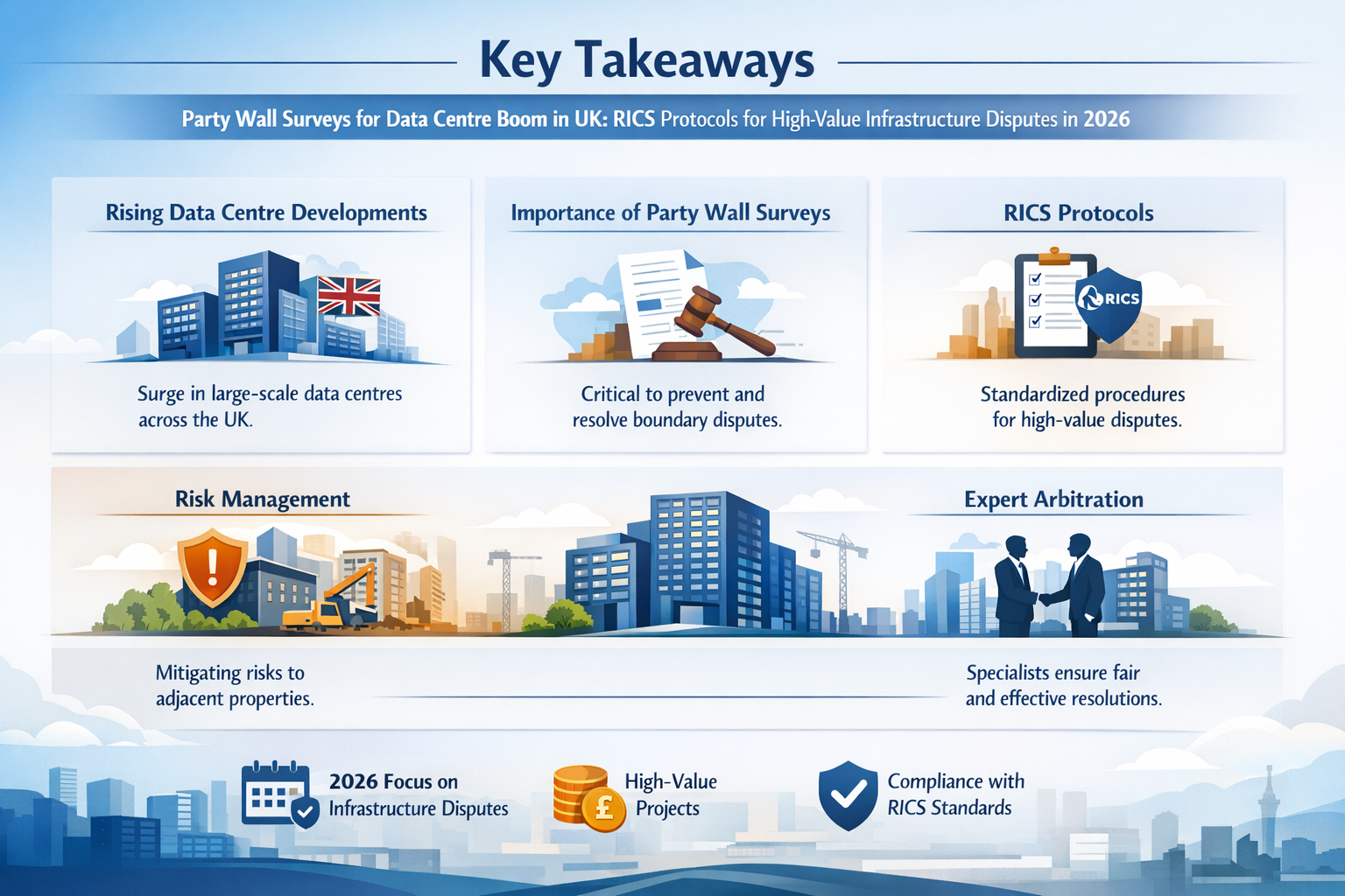 Professional landscape infographic () for article "Party Wall Surveys for Data Centre Boom in UK: RICS Protocols for