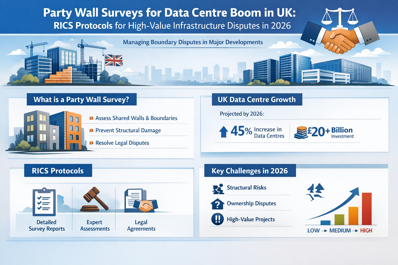 Professional landscape infographic () for article "Party Wall Surveys for Data Centre Boom in UK: RICS Protocols for