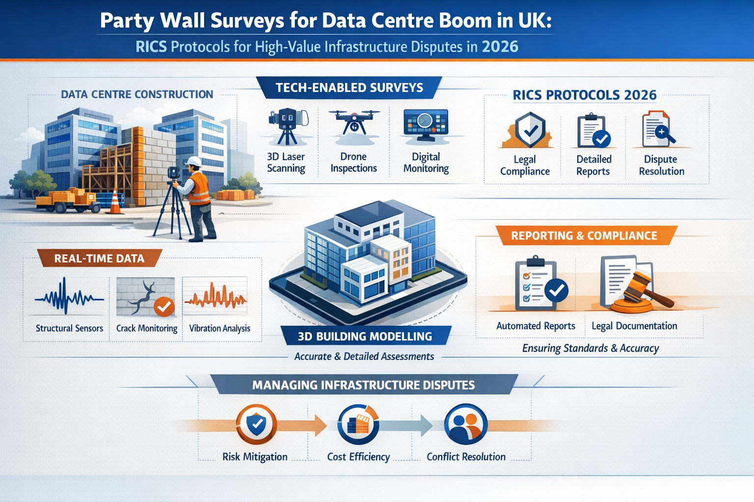 Professional landscape infographic () for article "Party Wall Surveys for Data Centre Boom in UK: RICS Protocols for