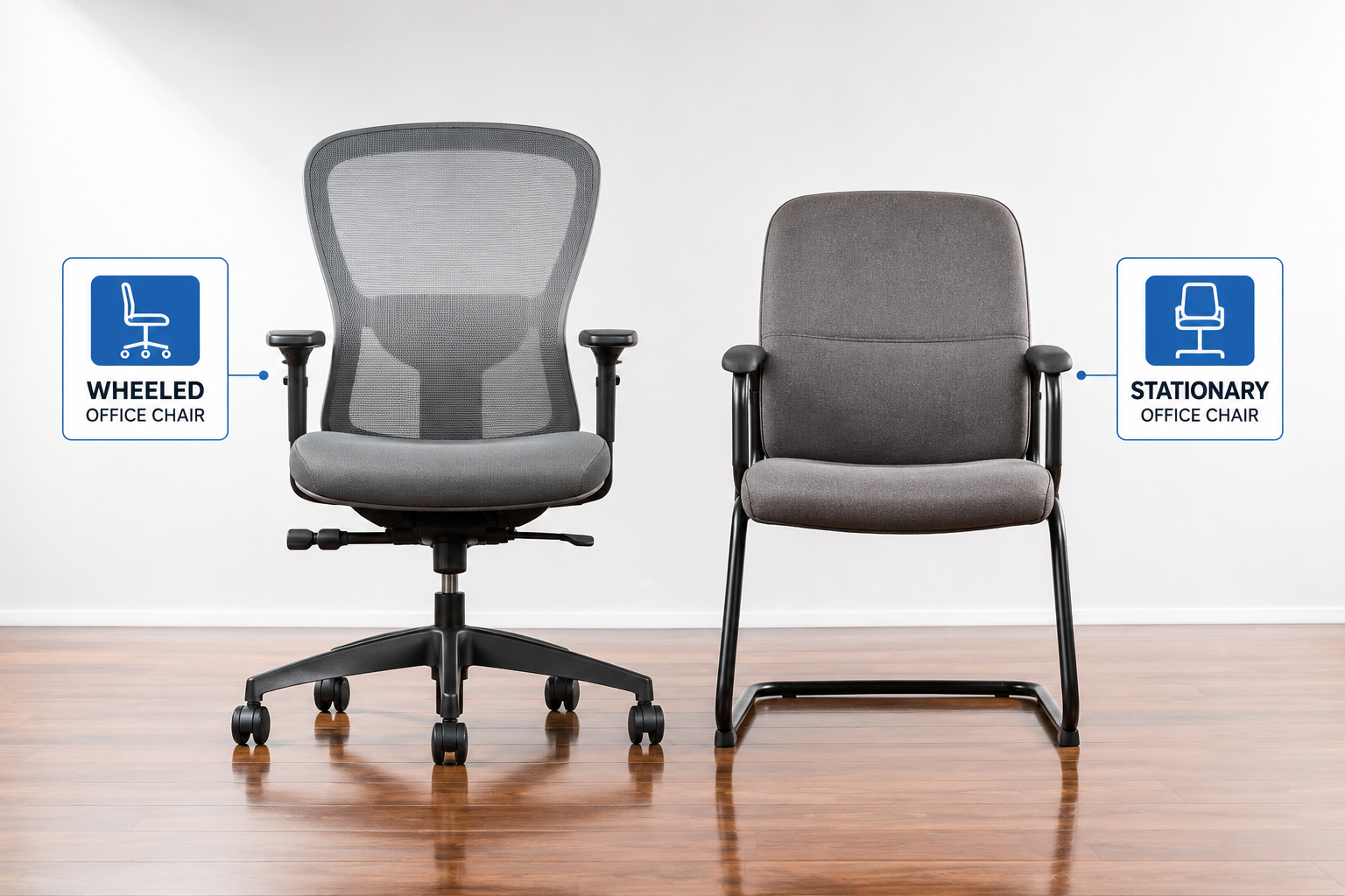 Adjustable Office Chair No Wheels Detailed landscape format (1536x1024) showing a side-by-side comparison of a wheeled office chair versus a stationary no-wheel office chair on a polished hardwood floor, both chairs facing forward, clean white studio background, subtle floor reflection, labels floating beside each chair in clean sans-serif text, professional product photography aesthetic, neutral gray and white tones with blue accent highlights, crisp lighting from above left
Adjustable Office Chair No Wheels