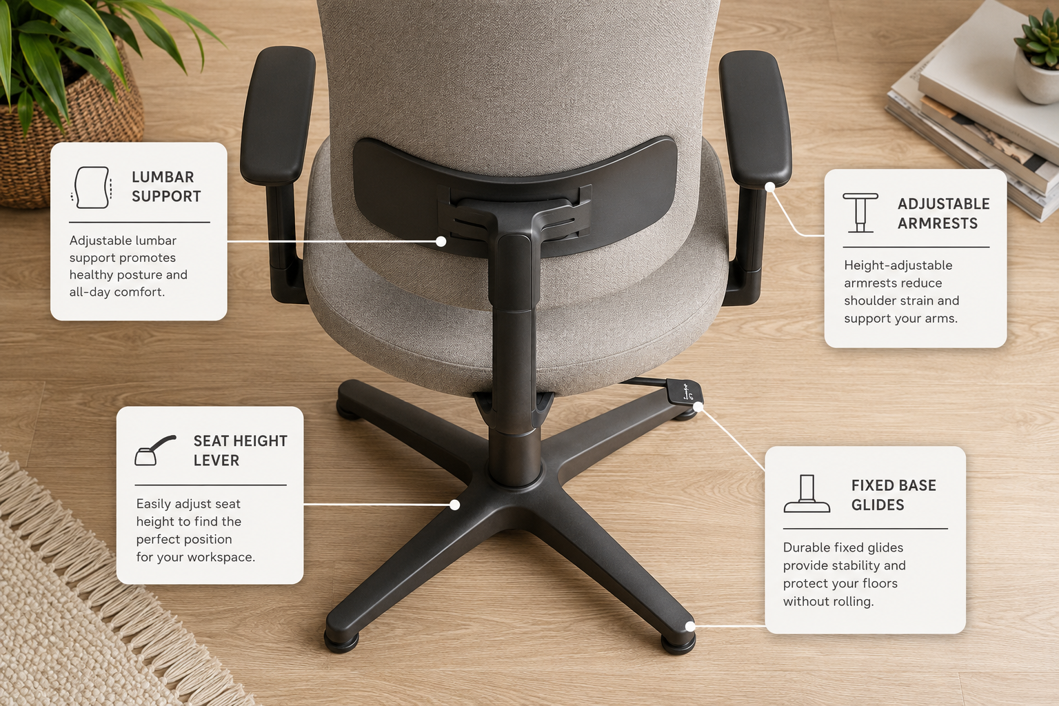 Adjustable Office Chair No Wheels Detailed landscape format (1536x1024) showing a close-up overhead flat-lay of an adjustable office chair without wheels on a light oak wood floor, surrounded by small labeled callout cards pointing to lumbar support, seat height lever, armrests, and fixed base glides, clean infographic style with white cards and dark text, soft natural lighting, muted tones of beige and gray, product detail focus, editorial quality
Are No-Wheel Office Chairs Good for Your Back?