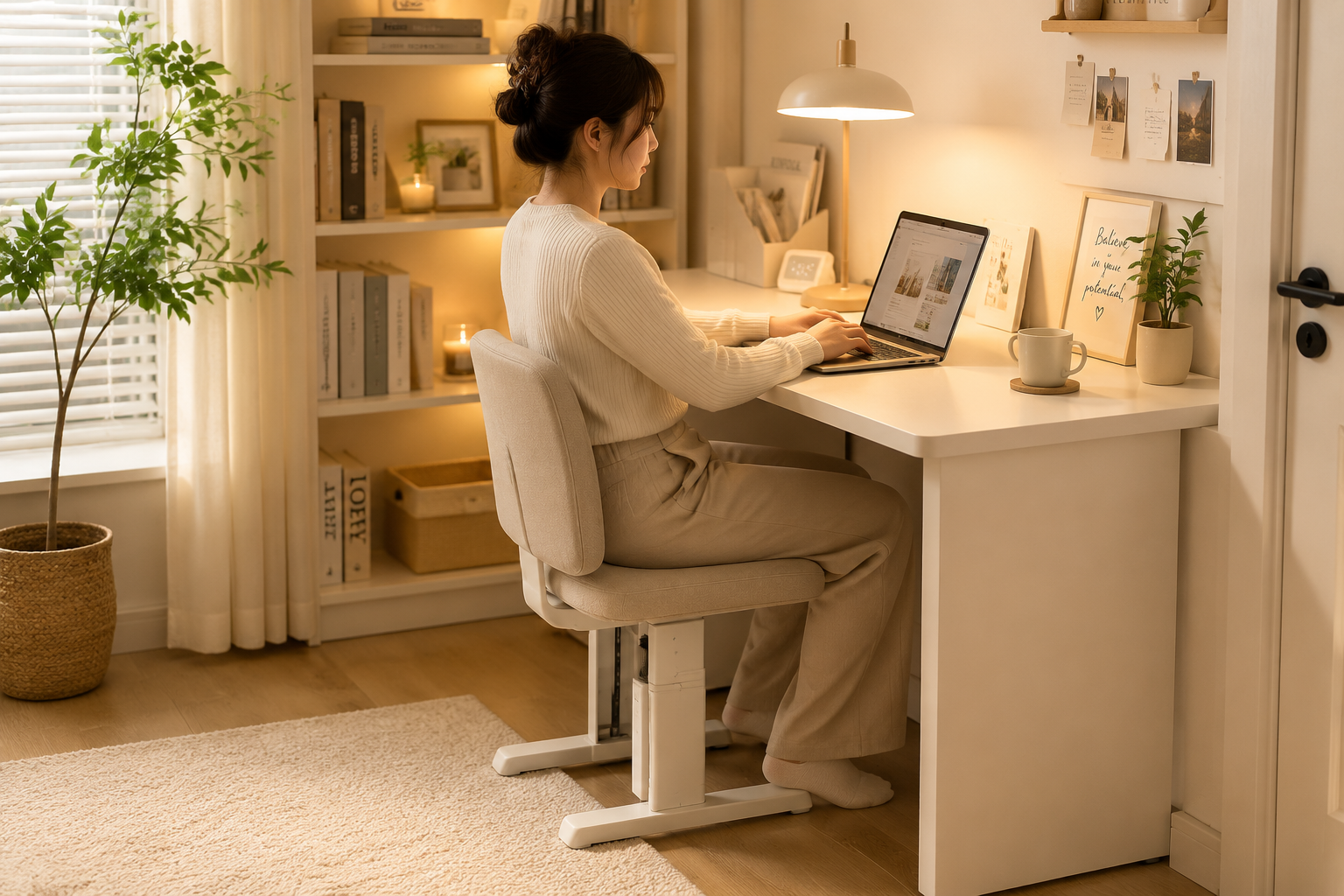 Adjustable Office Chair No Wheels Detailed landscape format (1536x1024) showing a cozy small home office corner with a compact stationary adjustable chair tucked neatly under a minimalist white desk, no wheels visible, tidy bookshelves in background, warm ambient lighting, potted plant beside desk, person seated in relaxed upright posture working on laptop, lifestyle photography style, warm neutral palette of white cream and light wood tones, realistic editorial quality
Best Brands and What to Look for When Buying