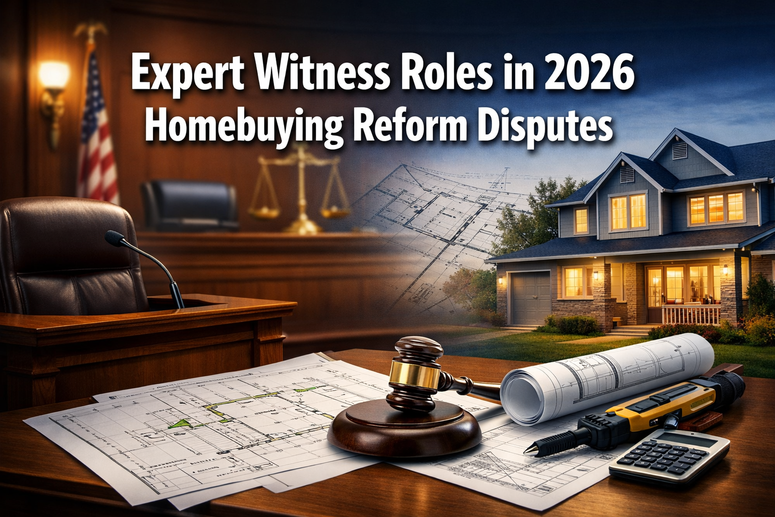 Professional () hero image with 'Expert Witness Roles in 2026 Homebuying Reform Disputes' in extra large white with dark